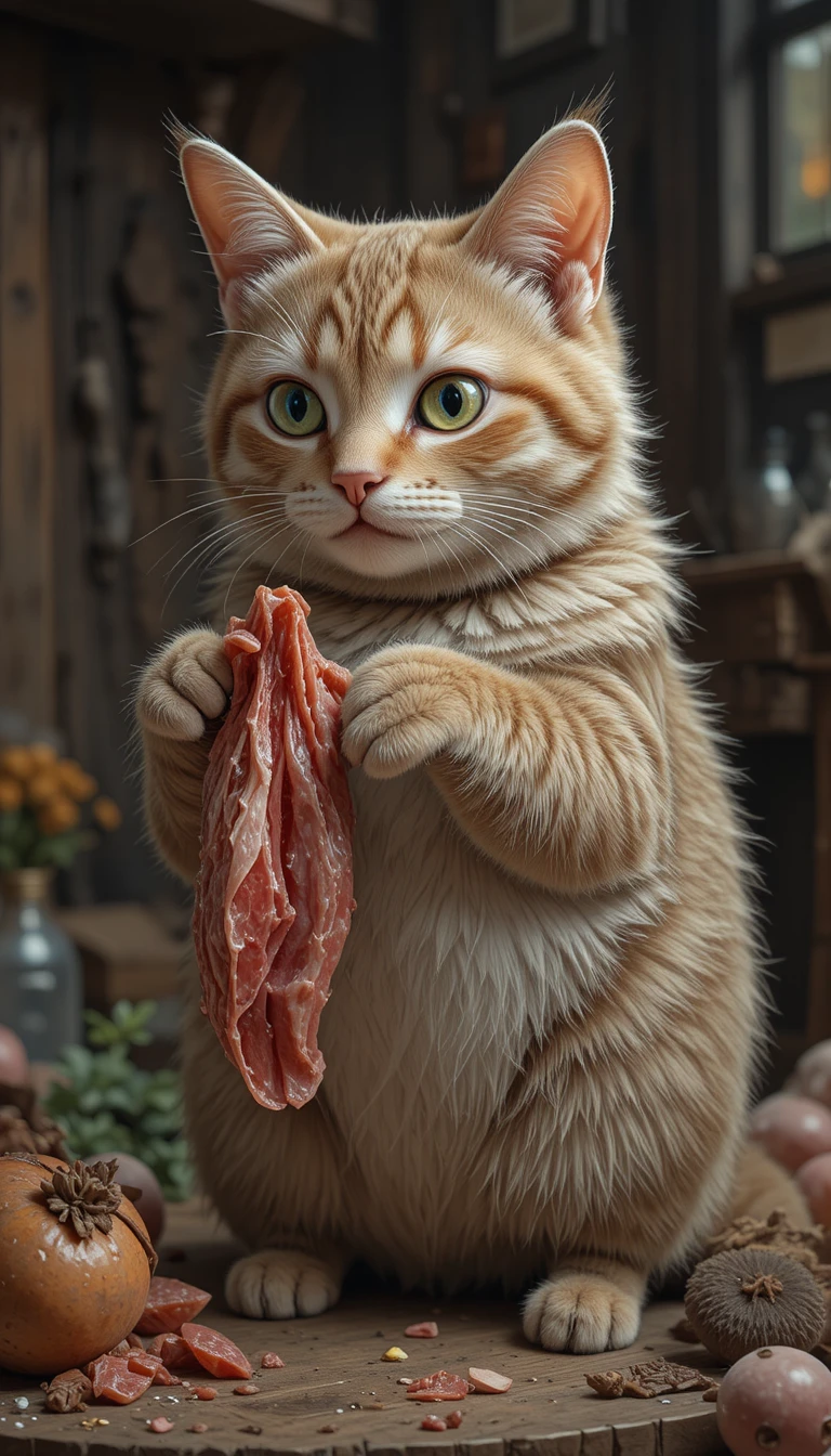 Chat de dessin animé tranchant des carottes dans une cuisine animée