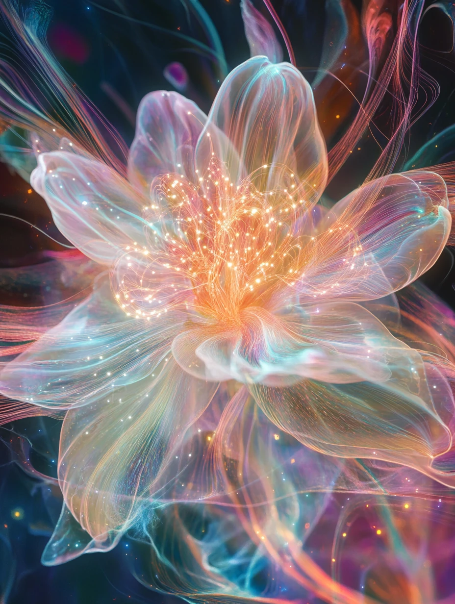 Vibrant flower surrounded by glowing abstract kinetic currents