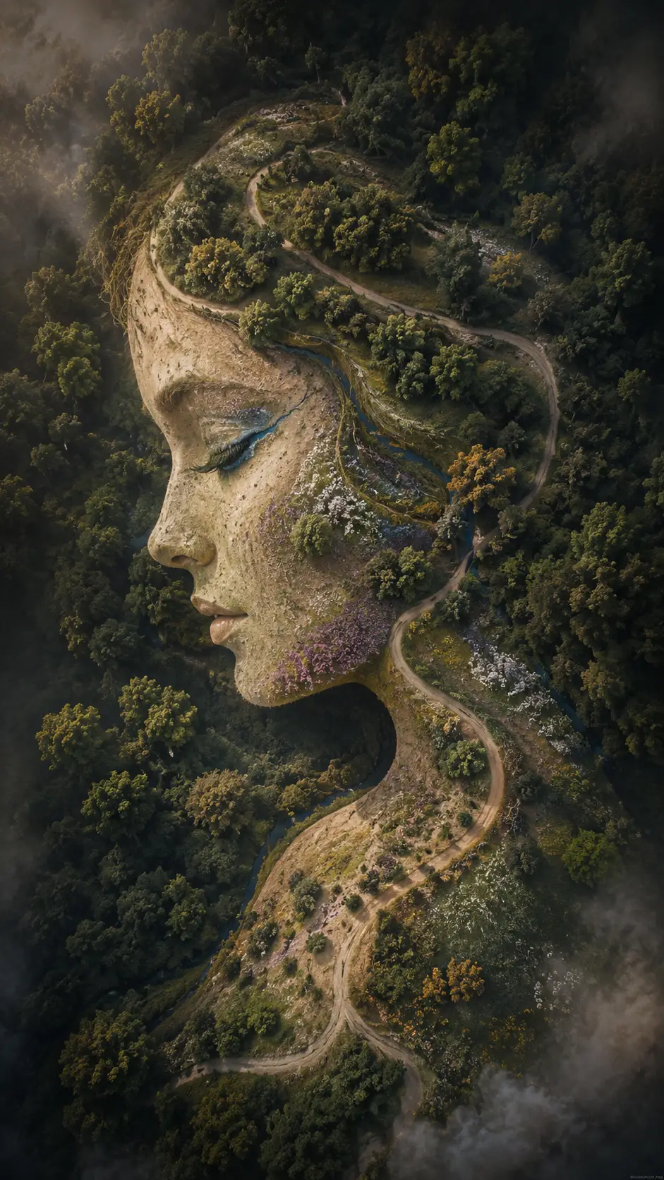 Aerial forest path forming a hidden female silhouette
