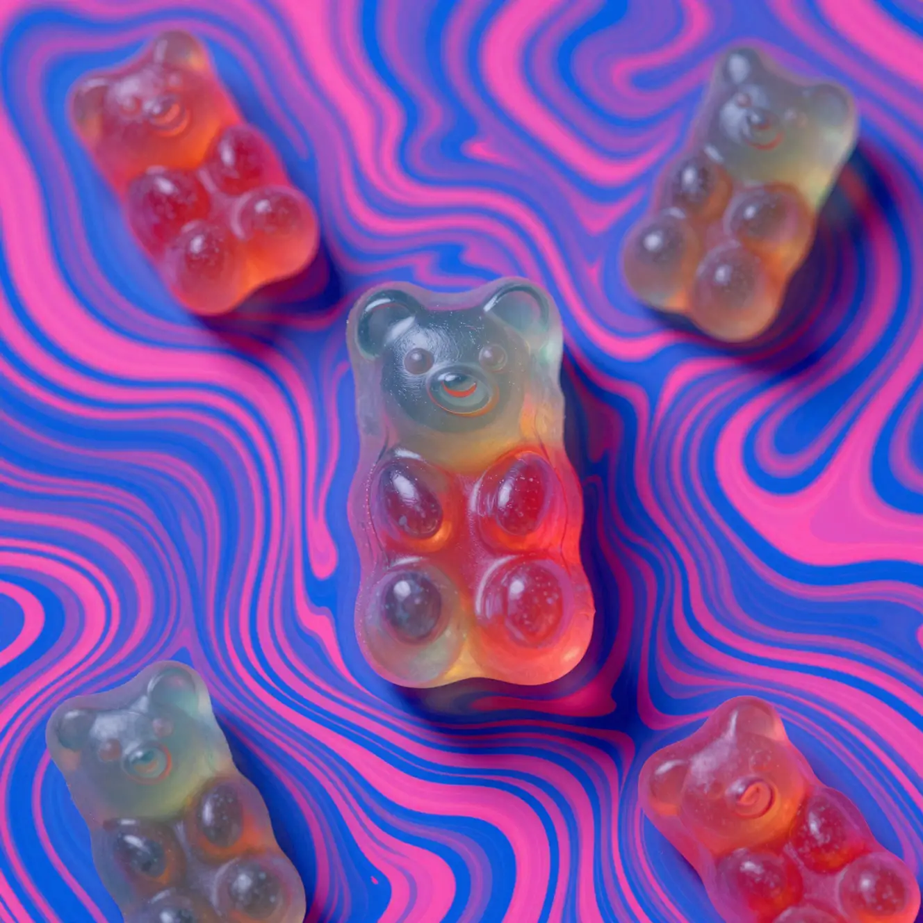 霓虹小熊軟糖於旋轉迷幻的抽象場景