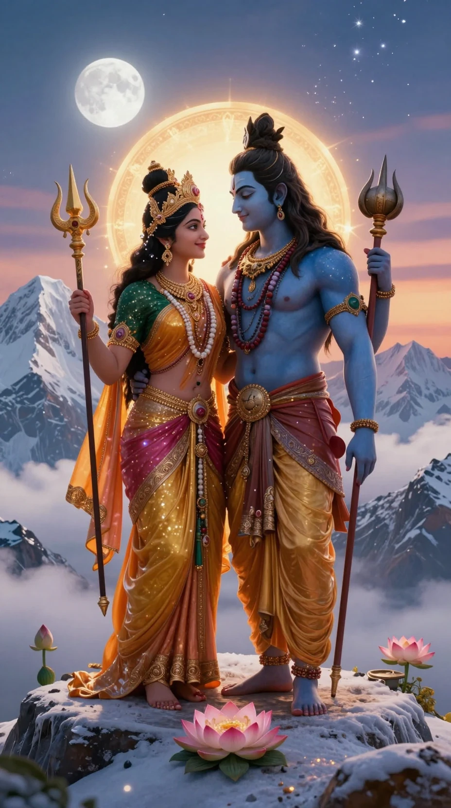 Pareja divina de pie en el nevado Monte Kailash al amanecer