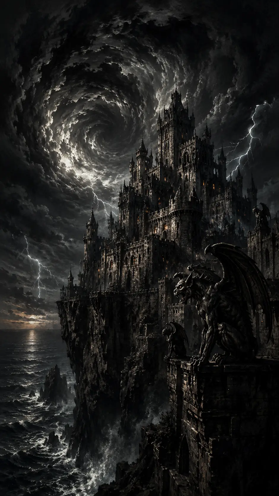 Ancient cliffside castle above a stormy sea in darkness