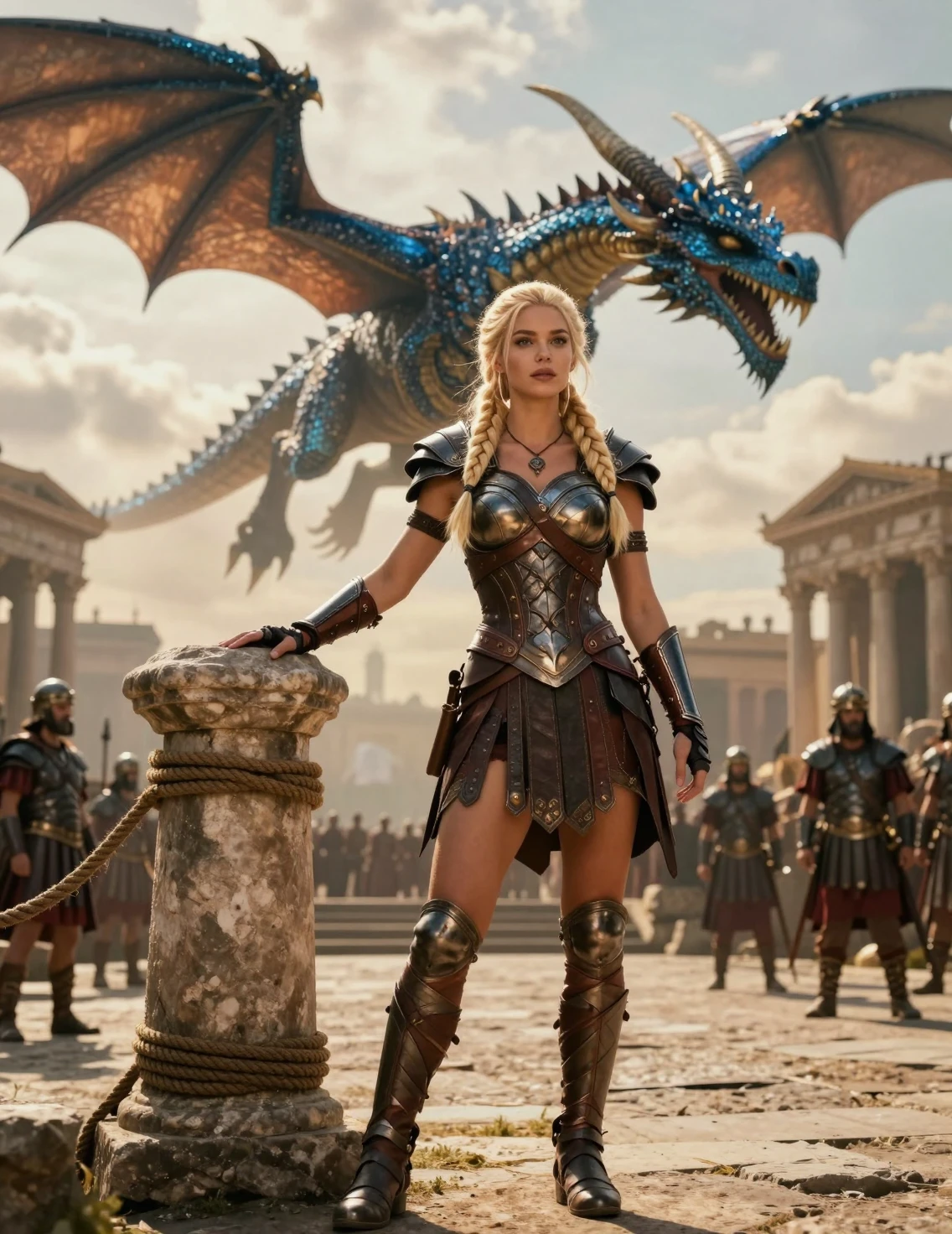 Guerreira loira com armadura em praça de cidade antiga