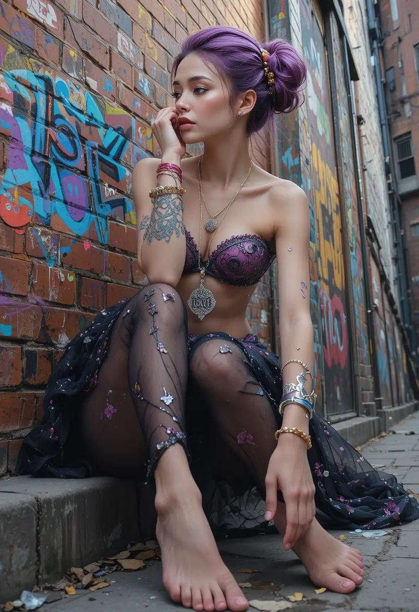 Latin woman in sheer black tights by a worn brick wall