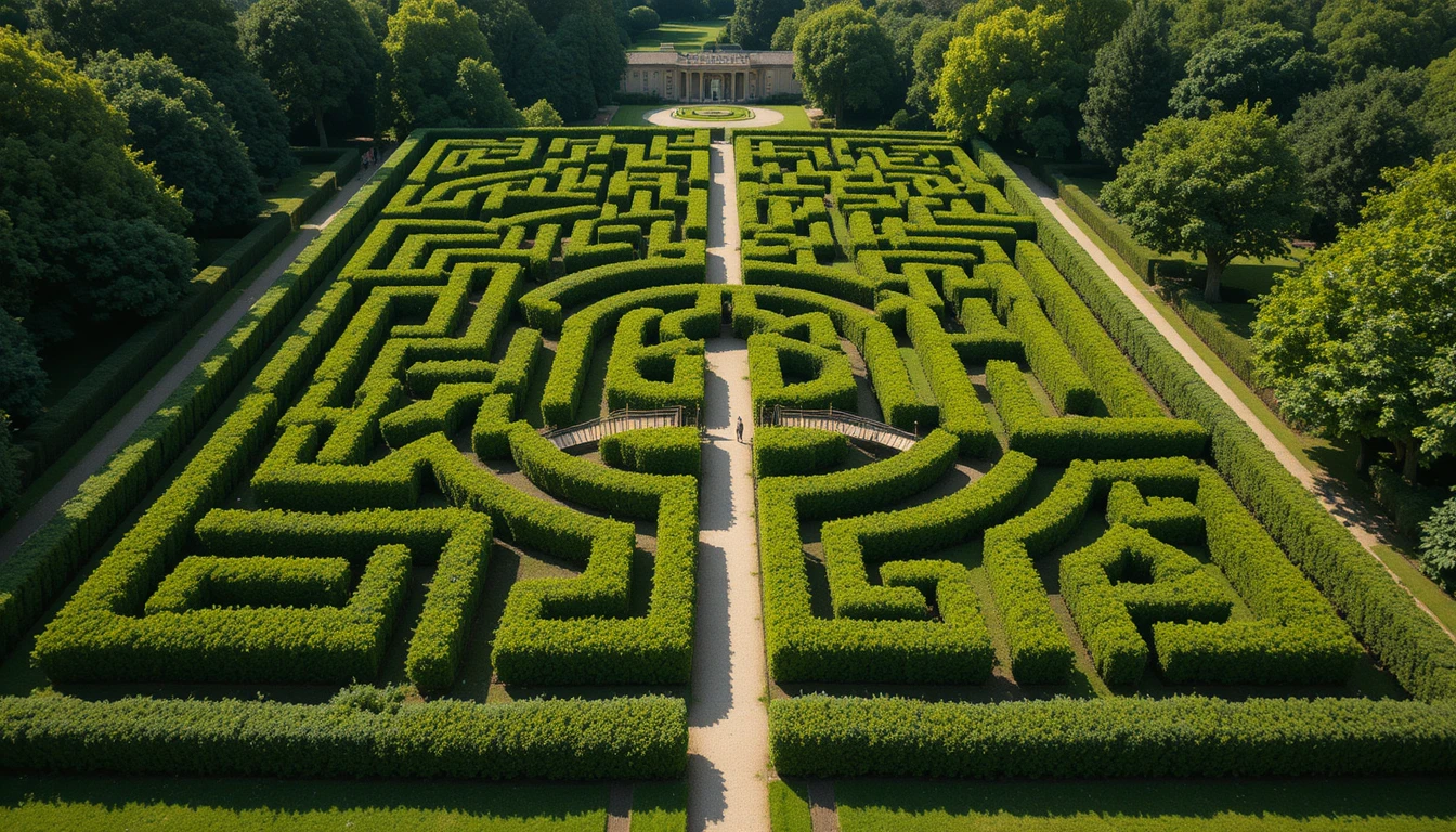 Aerial view of a large green hedge maze in daylight