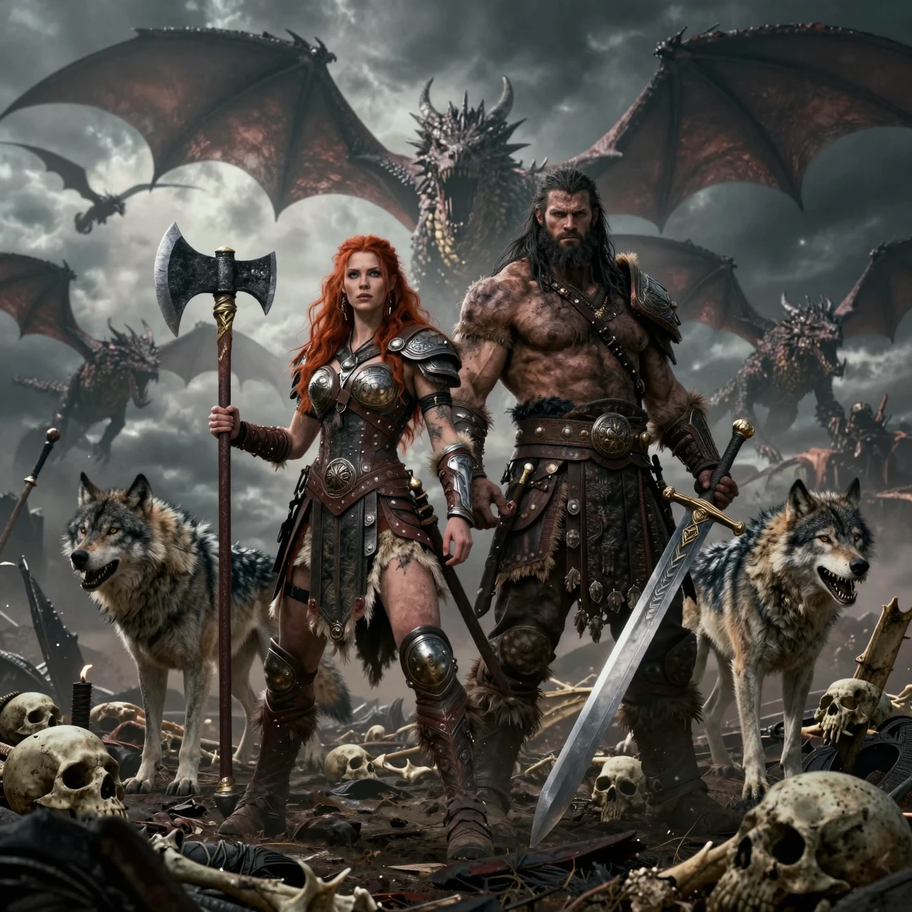 Barbarian warrior couple on skull strewn fantasy battlefield