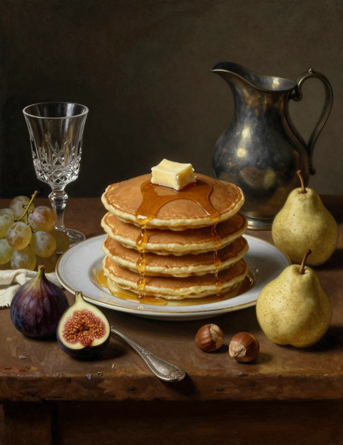Natureza‑morta barroca com panquecas, frutas e talheres de prata