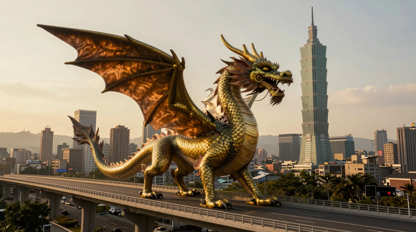 Dragão gigante atravessando uma ponte de rodovia em Taipei