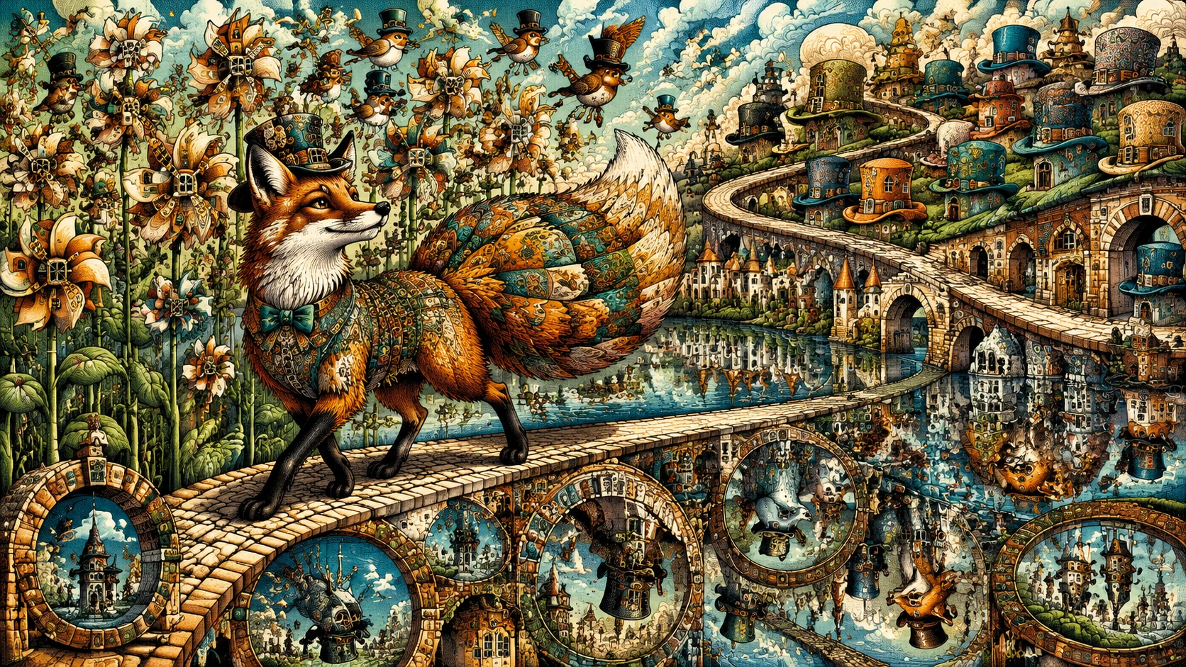Raposa elegante caminhando por um campo surreal e rimado