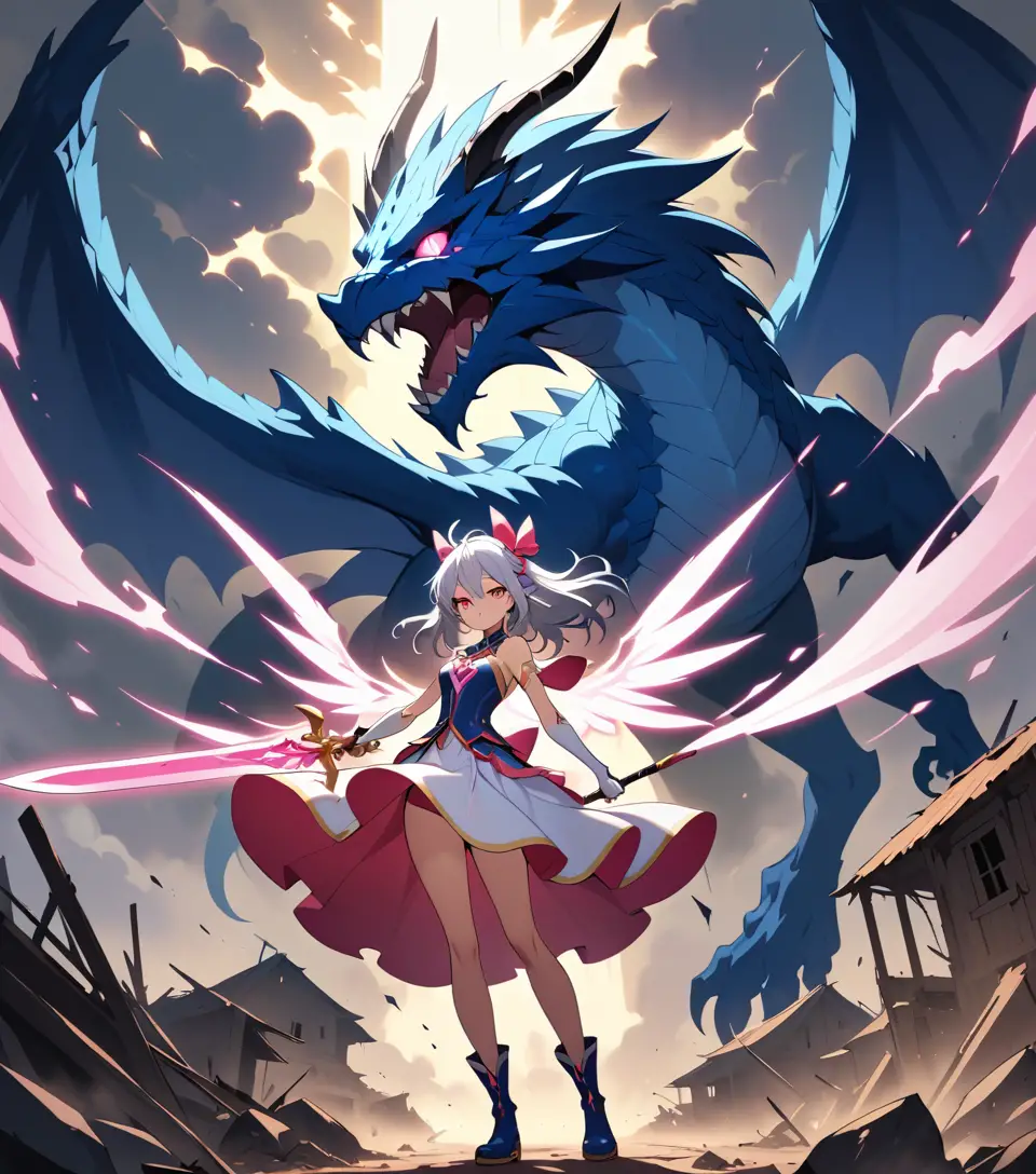 Anime heroine with mystical sword in ruined village
