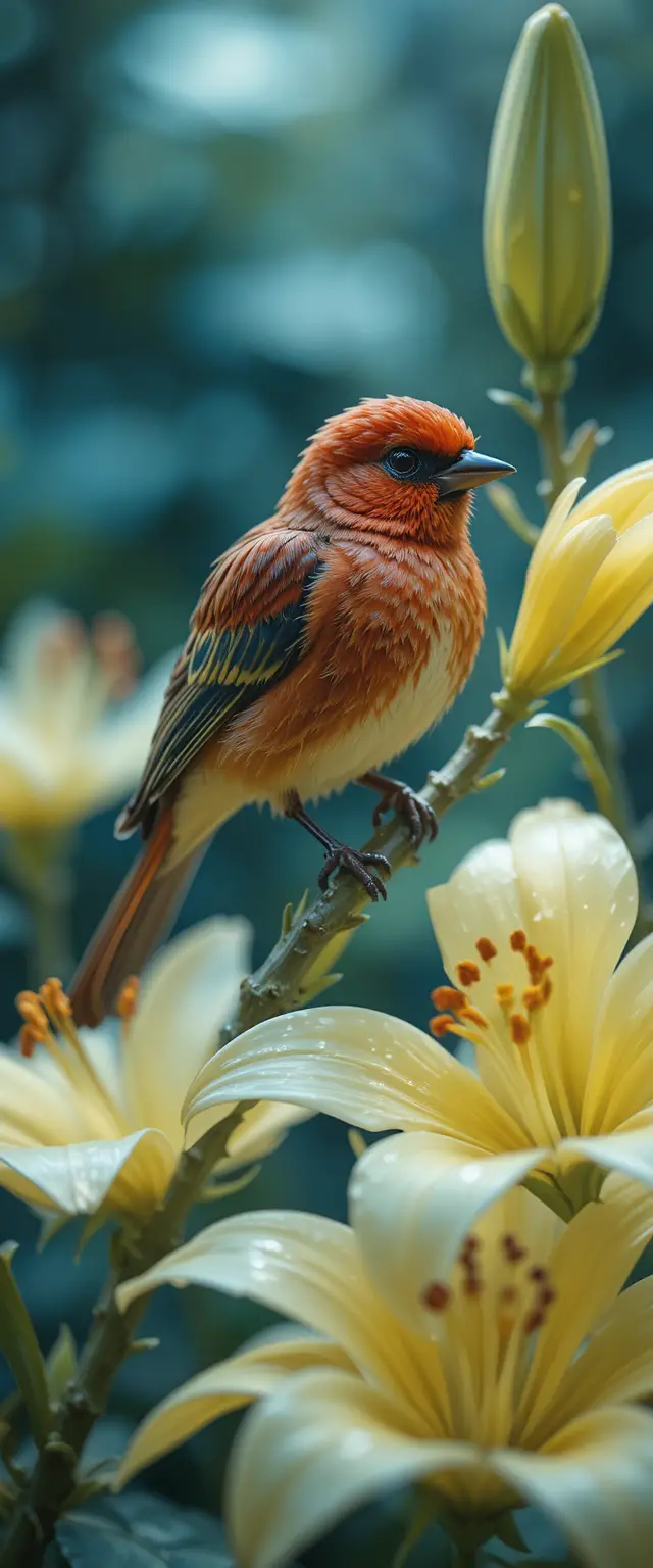 Bunter Resin-Vogel zwischen blassen Lilien im weich fokussierten Garten