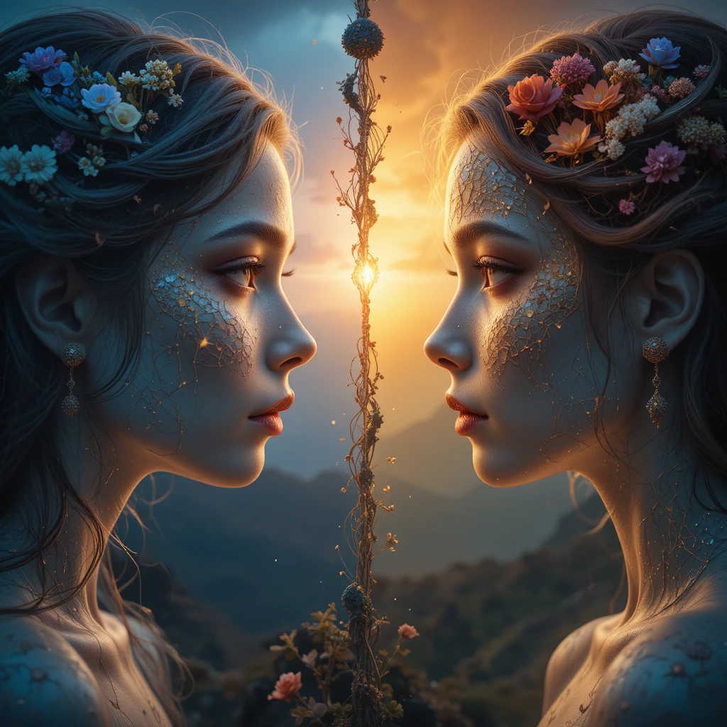 Two ethereal women facing across a divided fantasy world