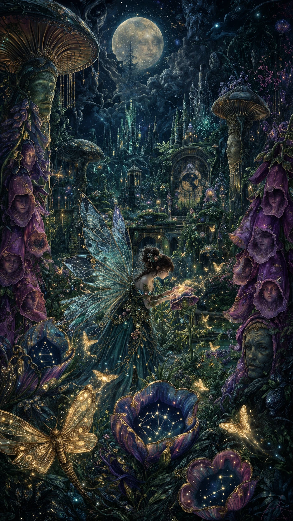 Tiny woodland fairy tending a forgotten celestial garden