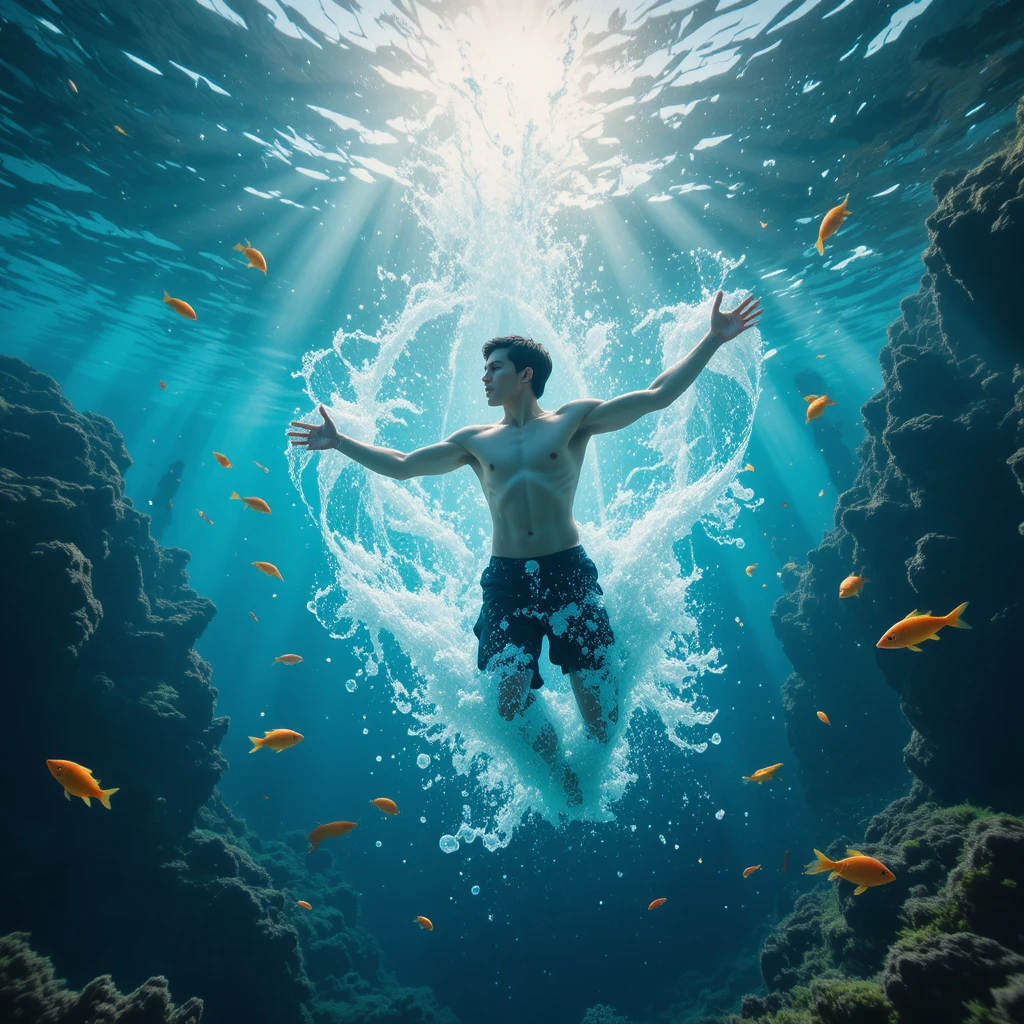 Jovem flutuando sem peso debaixo d’água com peixes iluminados pelo sol