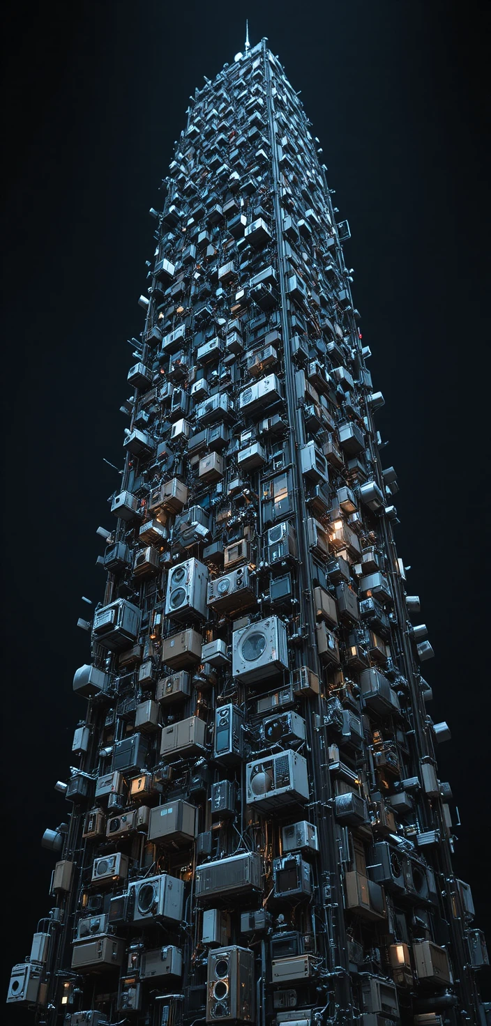 Facciata di grattacielo futuristico coperta da macchinari urbani