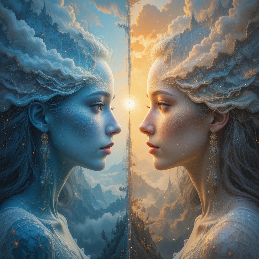 Duas mulheres etéreas divididas entre mundos de sonho e pôr do sol