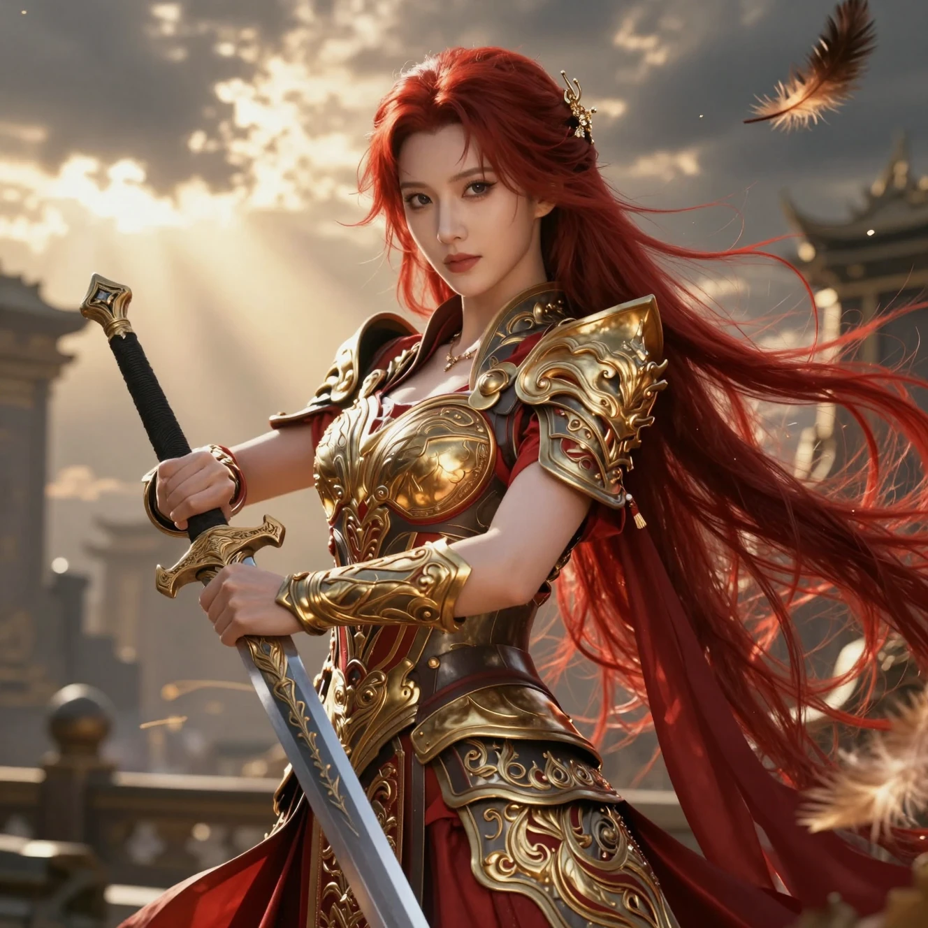 Regal warrior woman in golden crimson imperial armor
