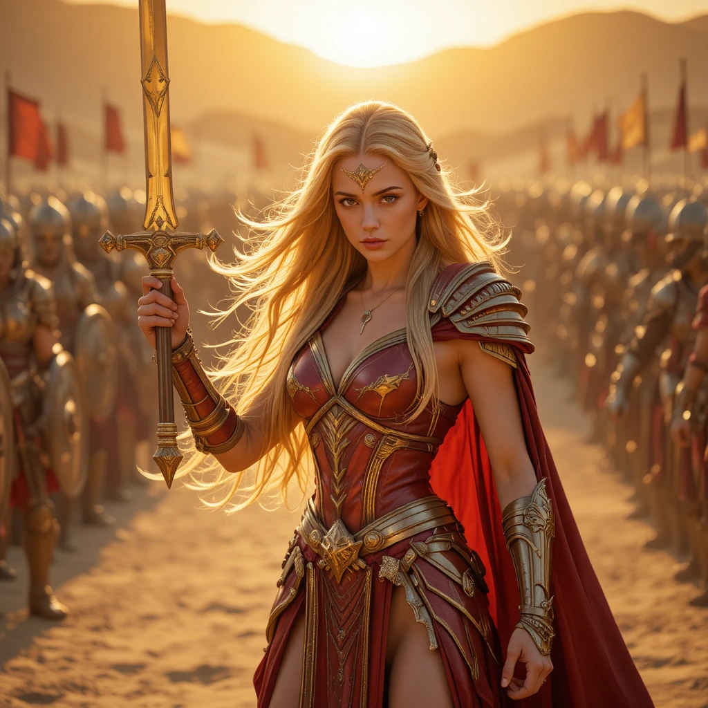 Blonde warrior woman raising a golden sword at sunset