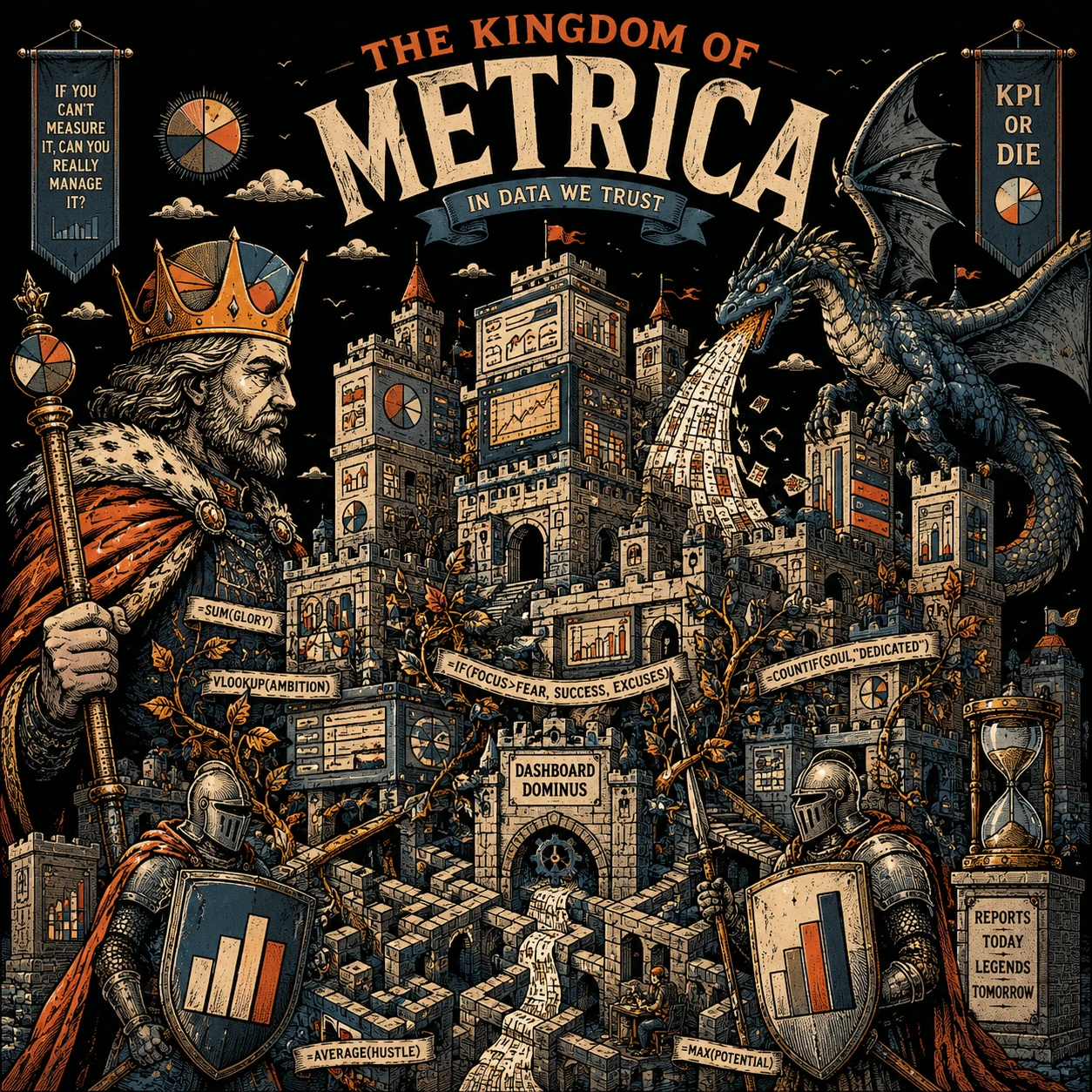 Royaume de châteaux de données fantastiques au symbolisme d’entreprise surréaliste