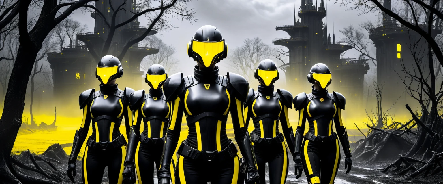 Futuristic teen warriors before a colossal mechanical fortress