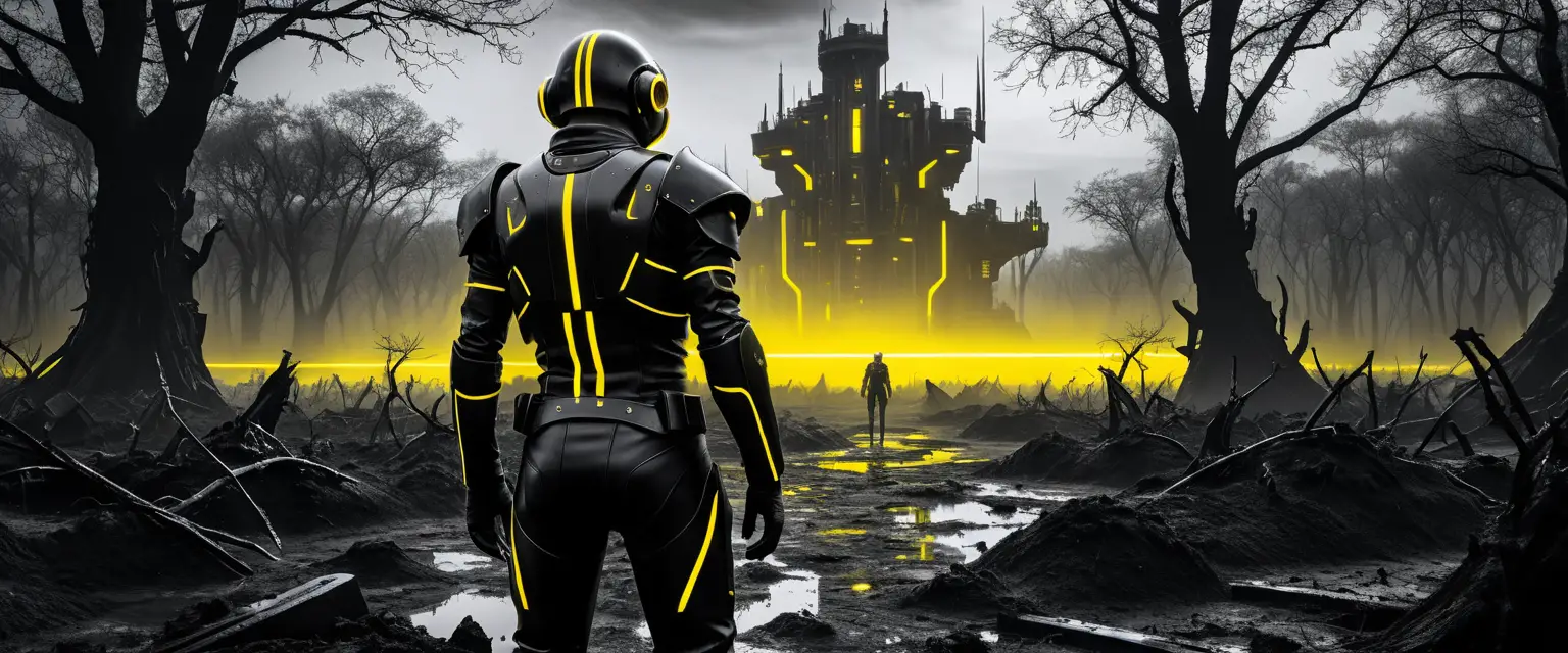 Futuristic teenage boys before a colossal sci fi fortress