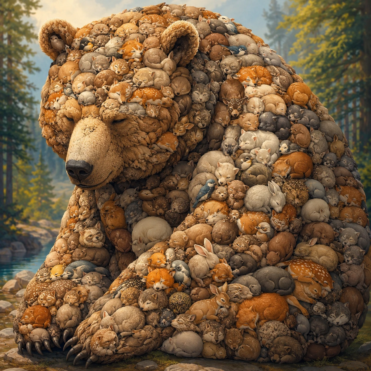 Surreal bear made of tiny sleeping woodland animals