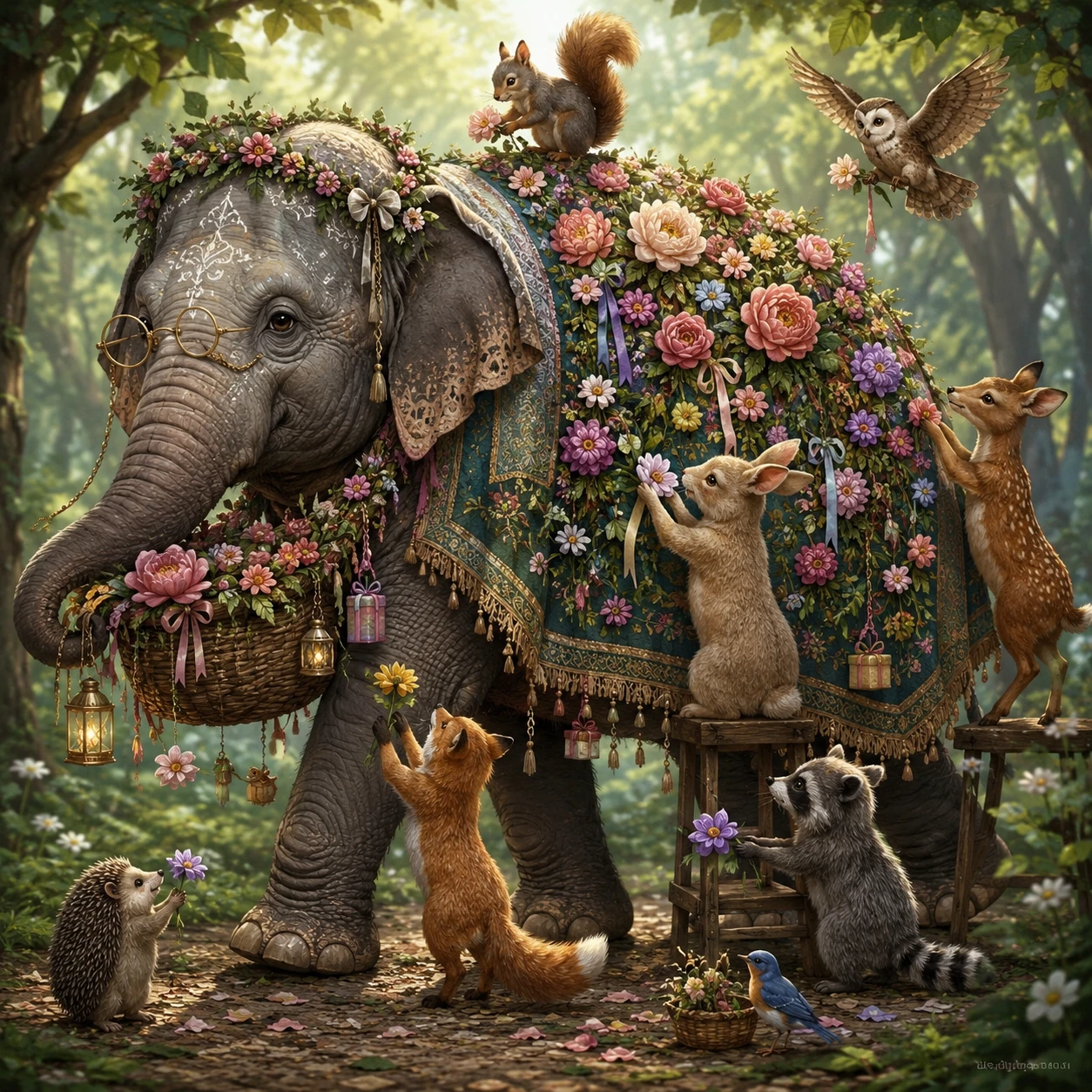 Gentle elephant carrying a blooming gift filled blanket