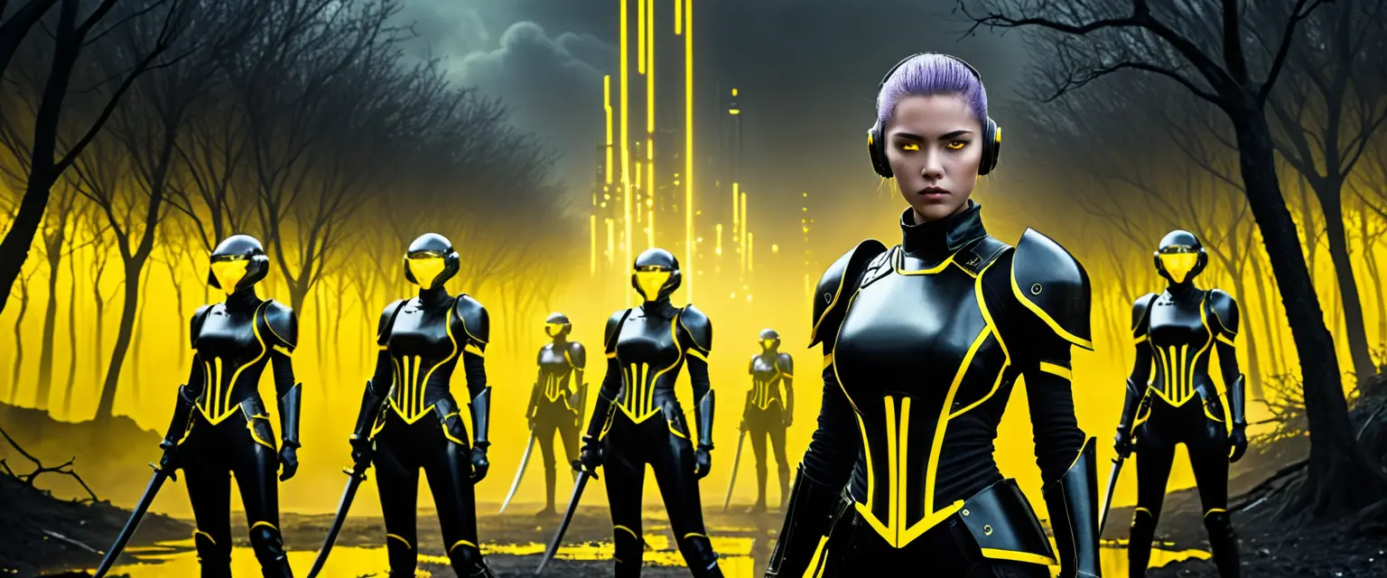 Futuristic teen warriors with neon katanas on alien battlefield