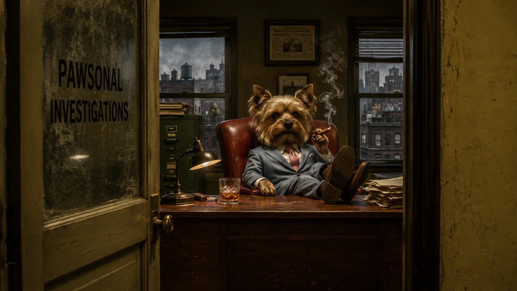 Detetive Yorkshire Terrier em porta de escritório decadente