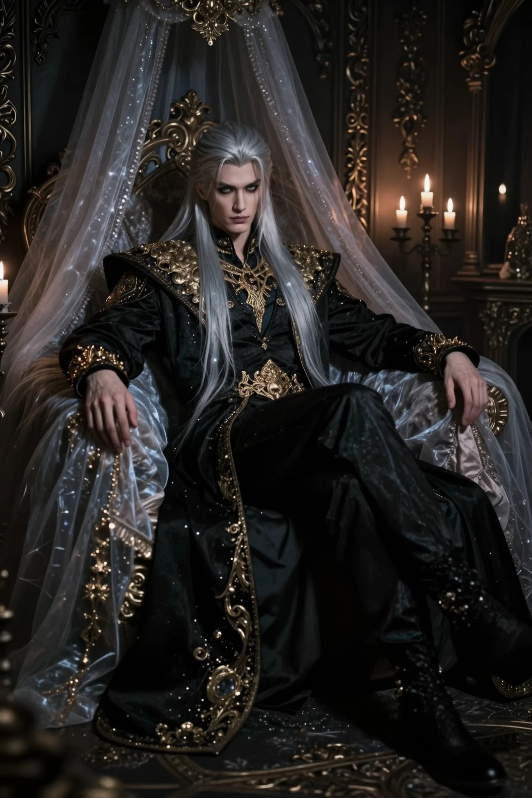Regal silver haired man on a gothic candlelit bed