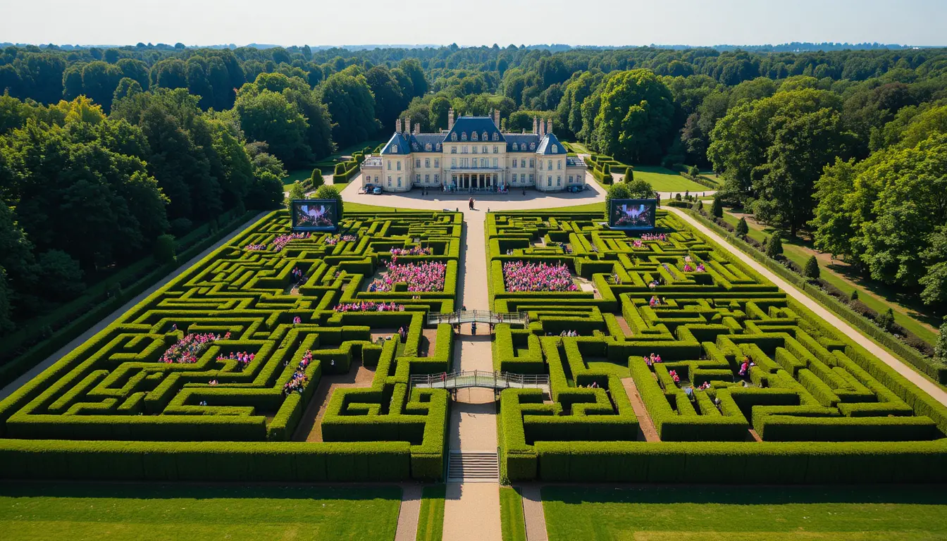 Luftaufnahme eines prächtigen Château mit Rasenfestival