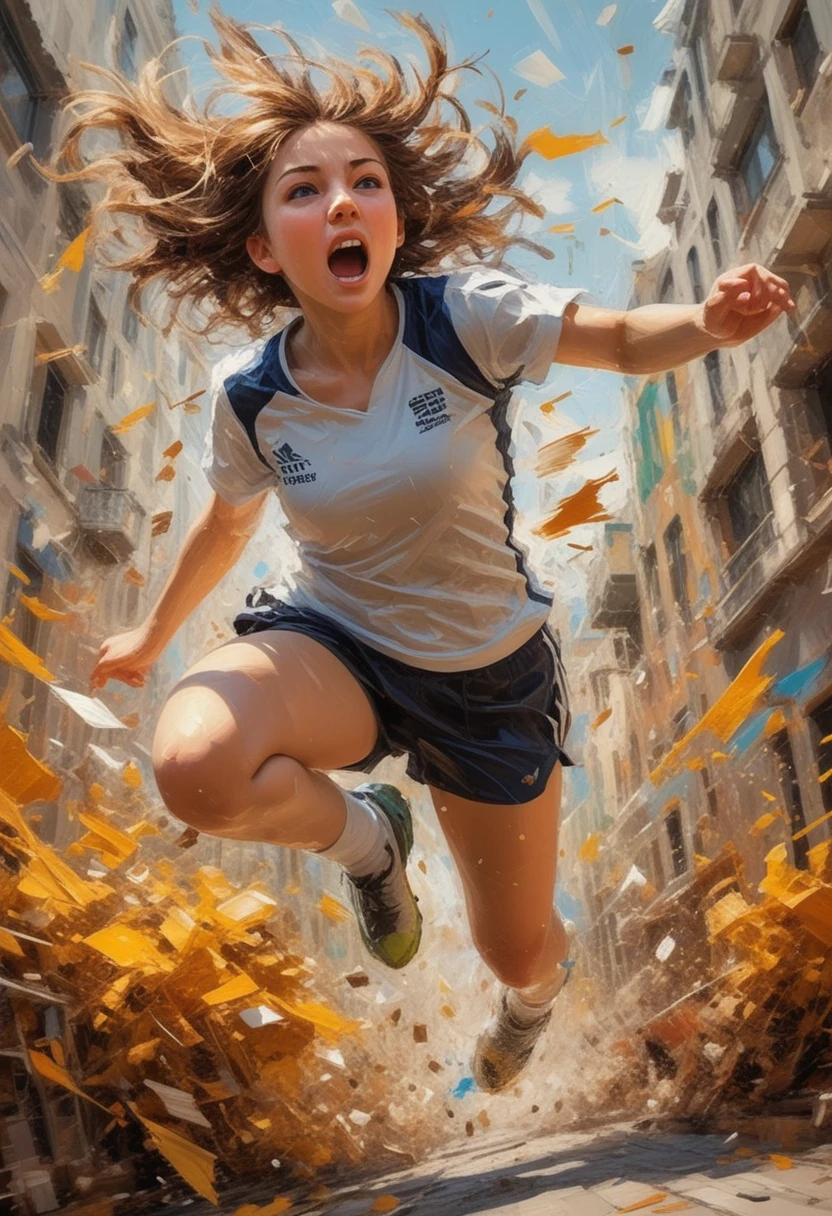 Adventurous girl leaping in dynamic fantasy action scene