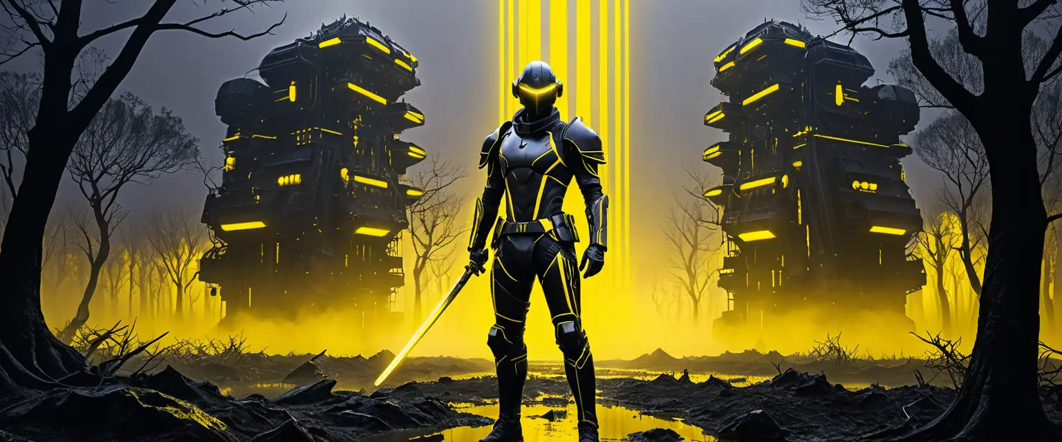 Teenage sci fi warriors with energy katanas in neon battlefield