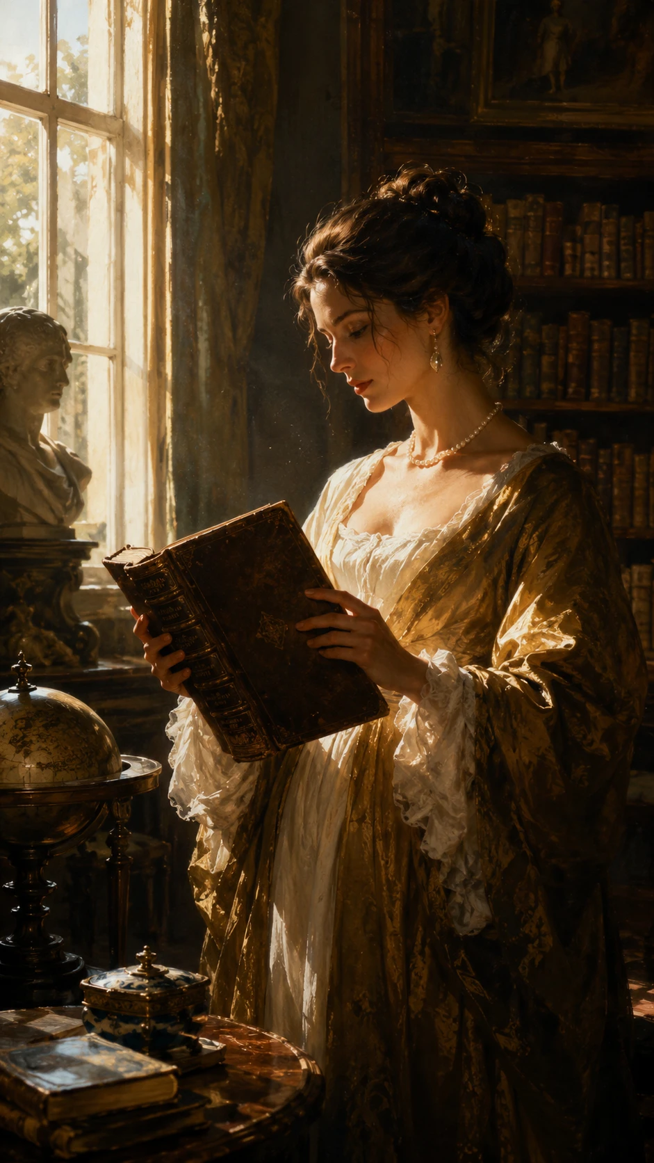 Mulher elegante lendo em uma opulenta biblioteca banhada de sol