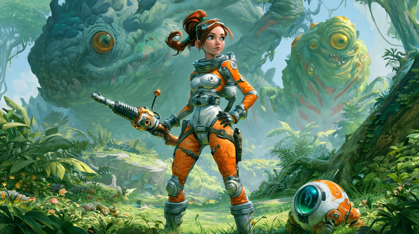 Héroïne de l’espace avec pistolet à rayons dans un luxuriant monde de jungle alien