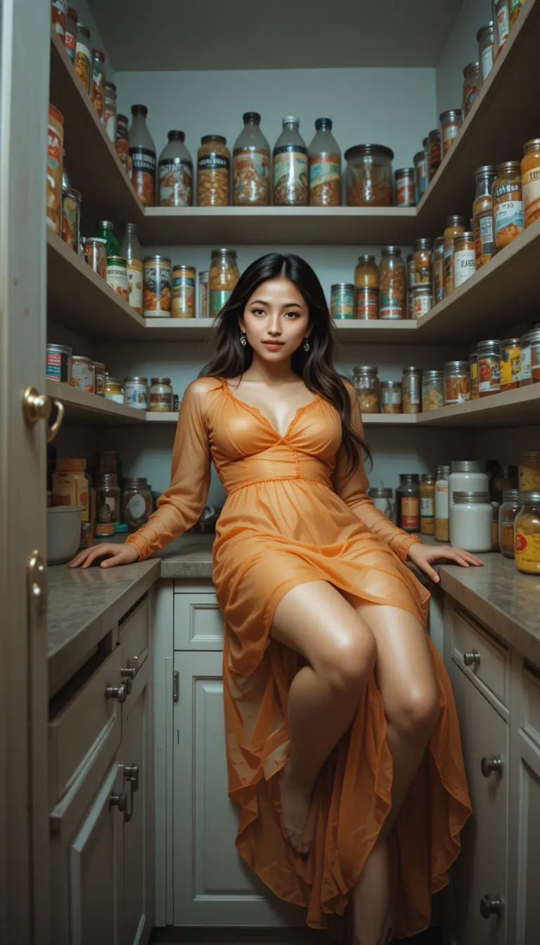 Shy woman in sheer orange nightgown in kitchen pantry