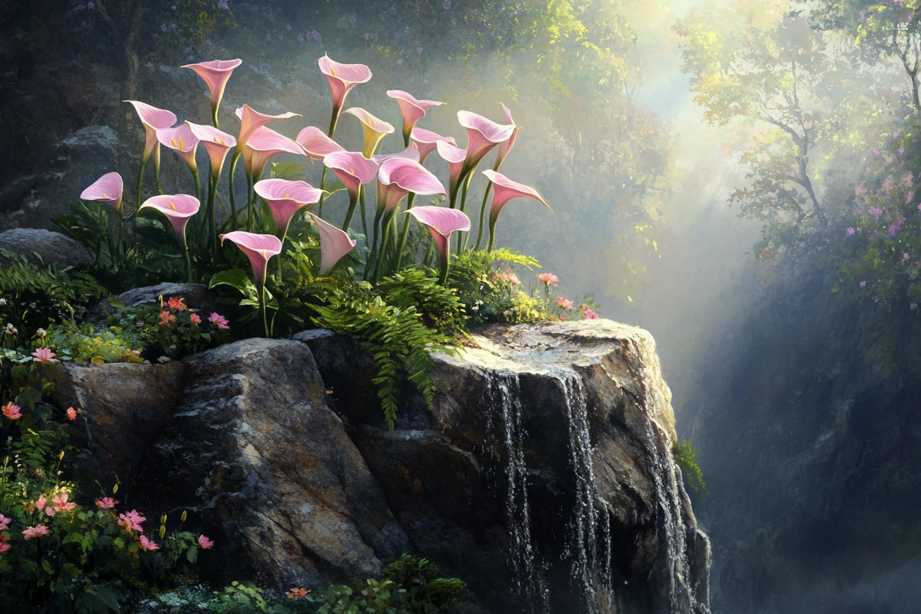 Arums rose pâle sur un éperon rocheux baigné de soleil