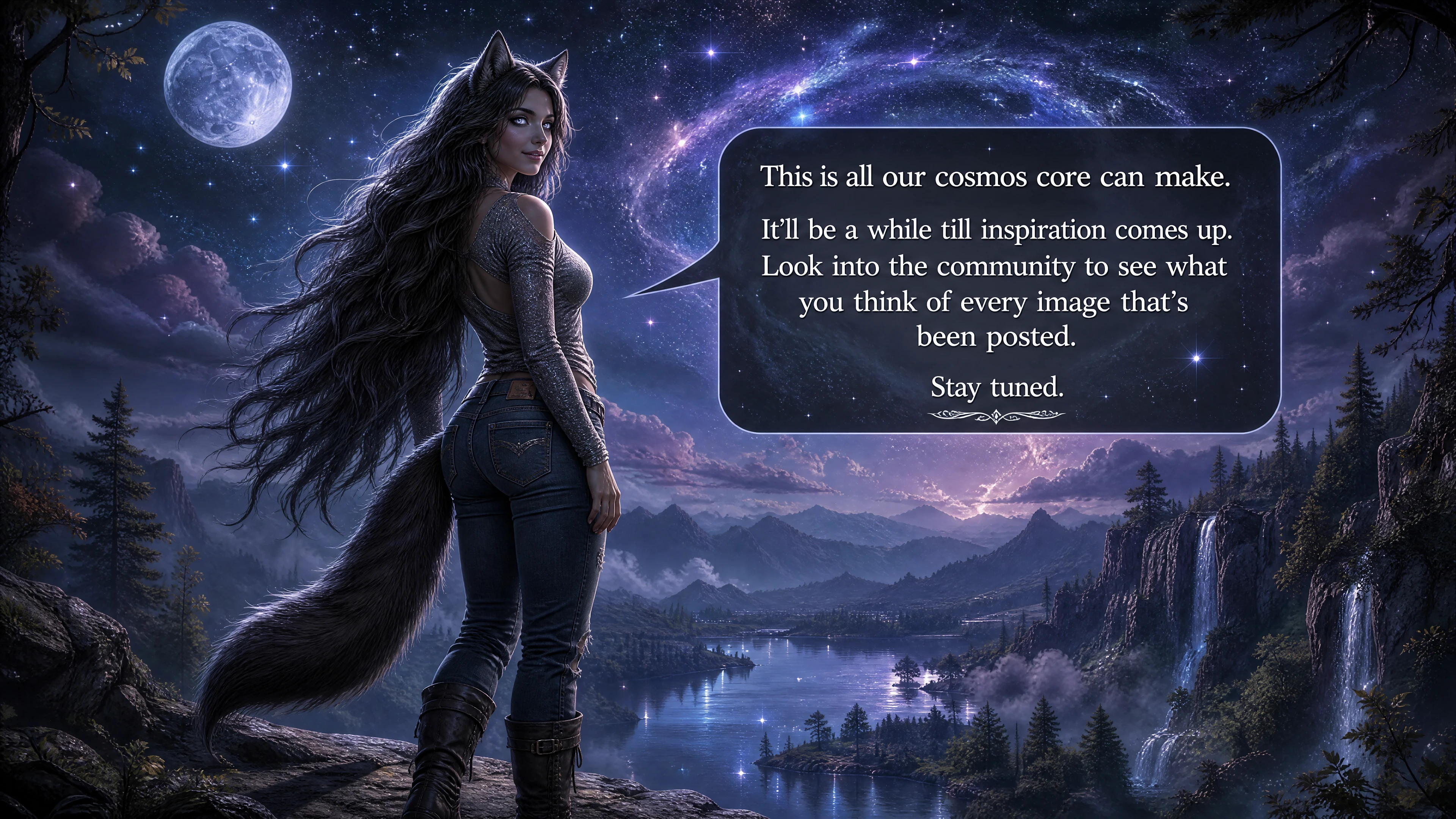 Wolf shapeshifter woman under a mystical cosmic sky