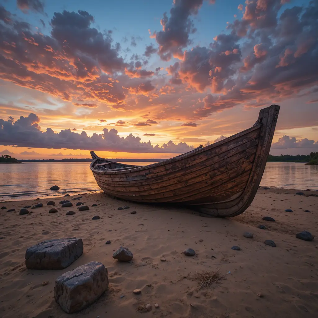 Verlassenes Holzboot am Flussufer bei Sonnenuntergang mit farbenprächtigem Himmel