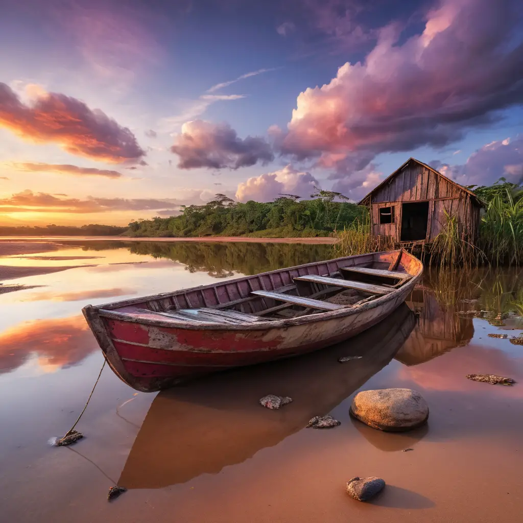 Verlassenes Holzboot auf dem Orinoco bei farbenprächtigem Sonnenuntergang