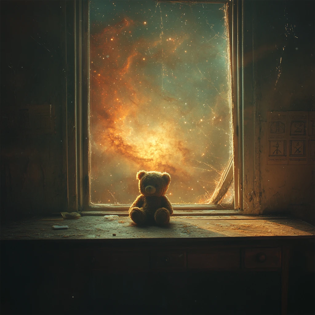Einsamer Teddybär auf staubigem Schreibtisch im kosmischen Fensterlicht