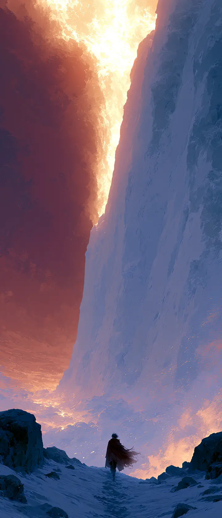 Lone climber ascending an endless white cliff at dawn