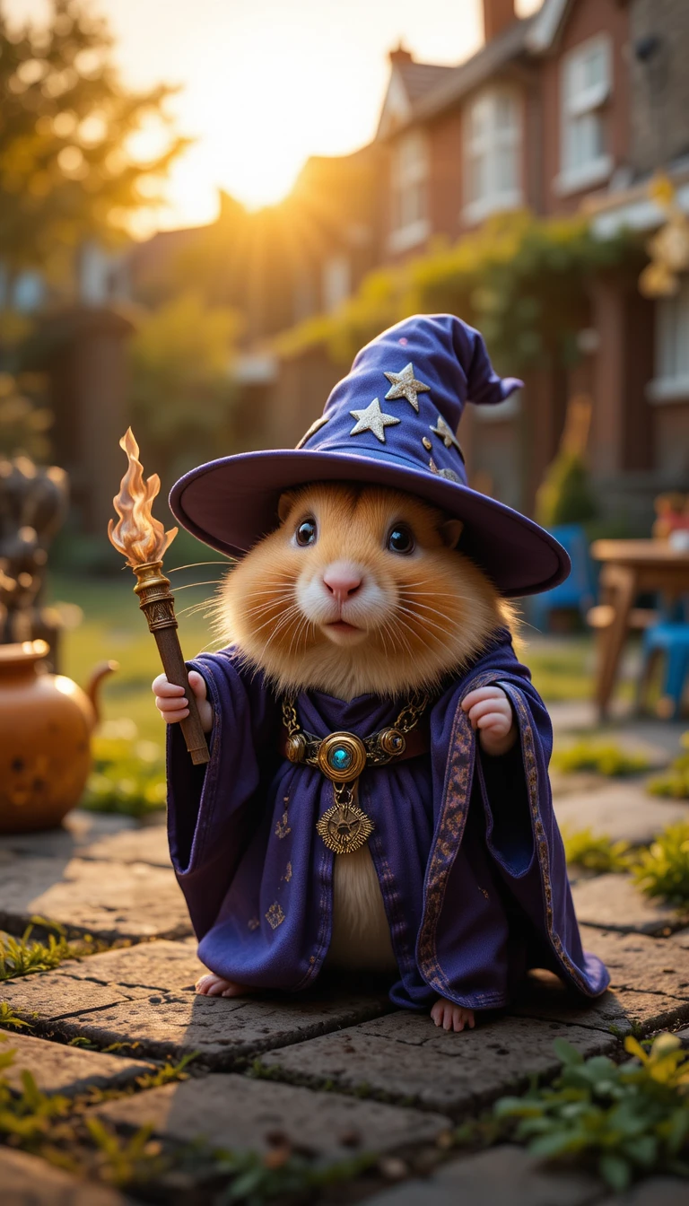 Cute wizard hamster in a suburban garden at sunset