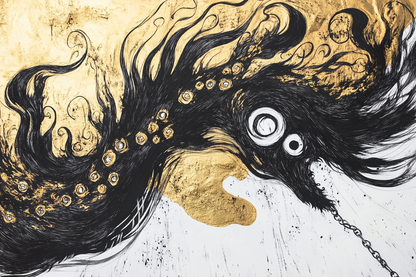 Surreal ink vortex creature with many eyes and chain tail