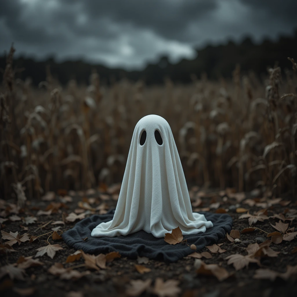 Pequena figura de fantasma sobre cobertor em milharal escuro de outono