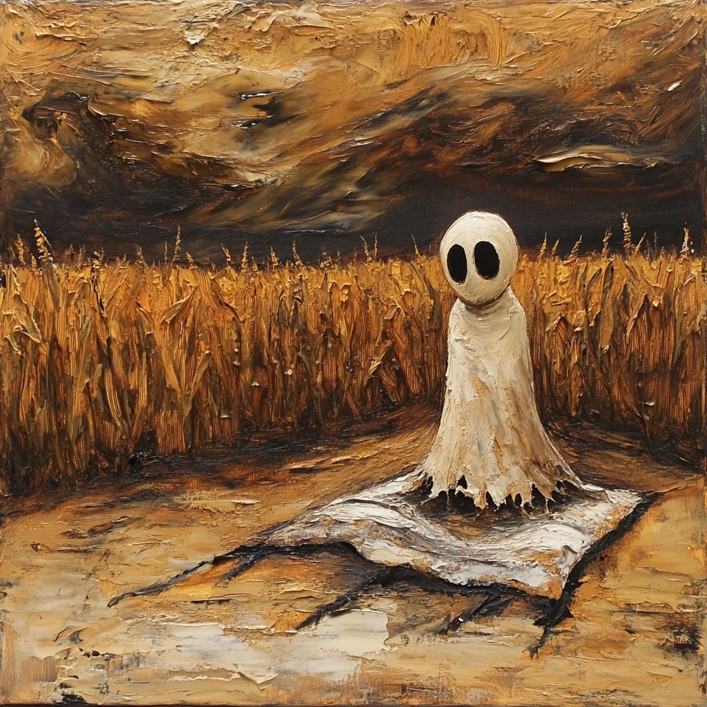 Small ghost figure on blanket in stormy autumn cornfield