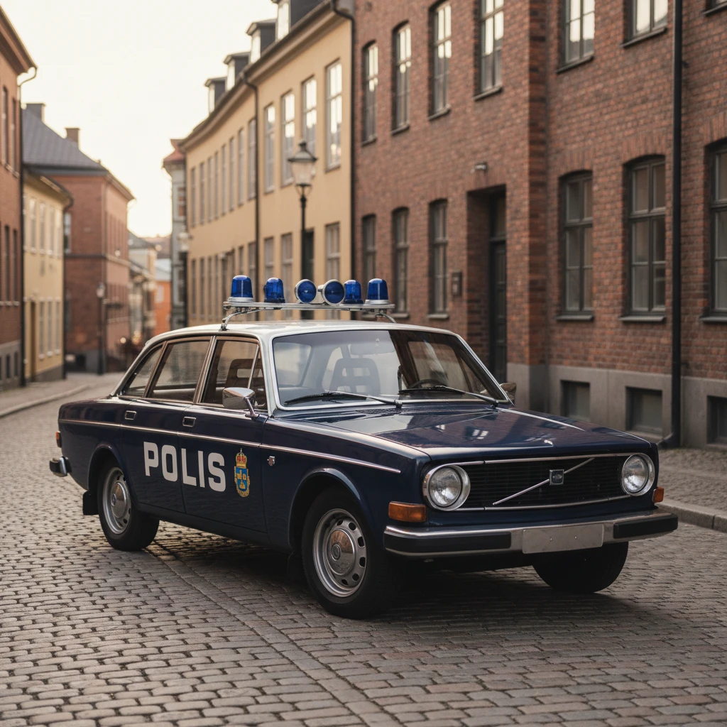 Auto della polizia svedese d’epoca con classica luce blu sul tetto