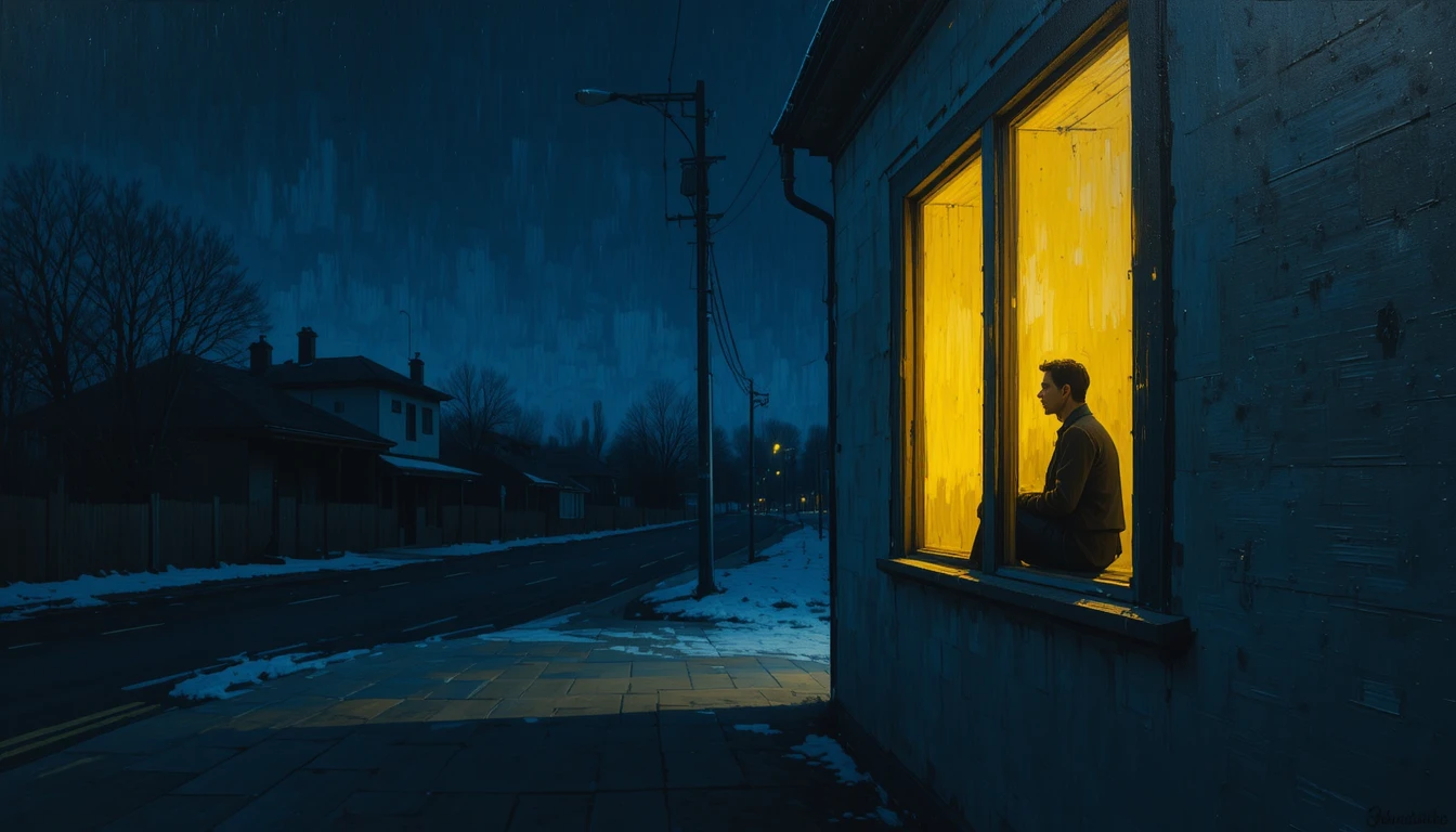Figura solitaria a una finestra luminosa su una strada silenziosa di notte