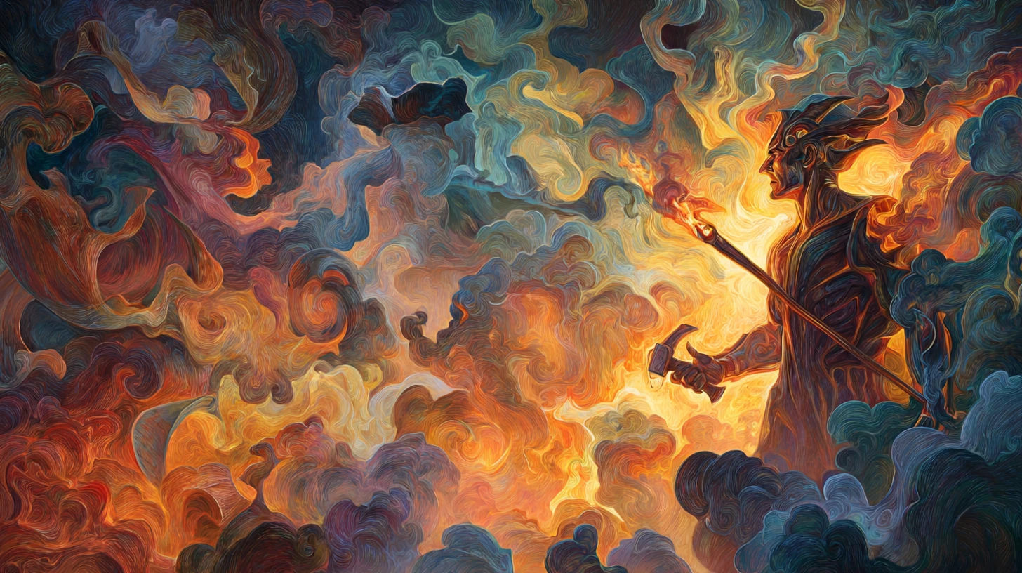 Fire god forging a glowing being in raging flames