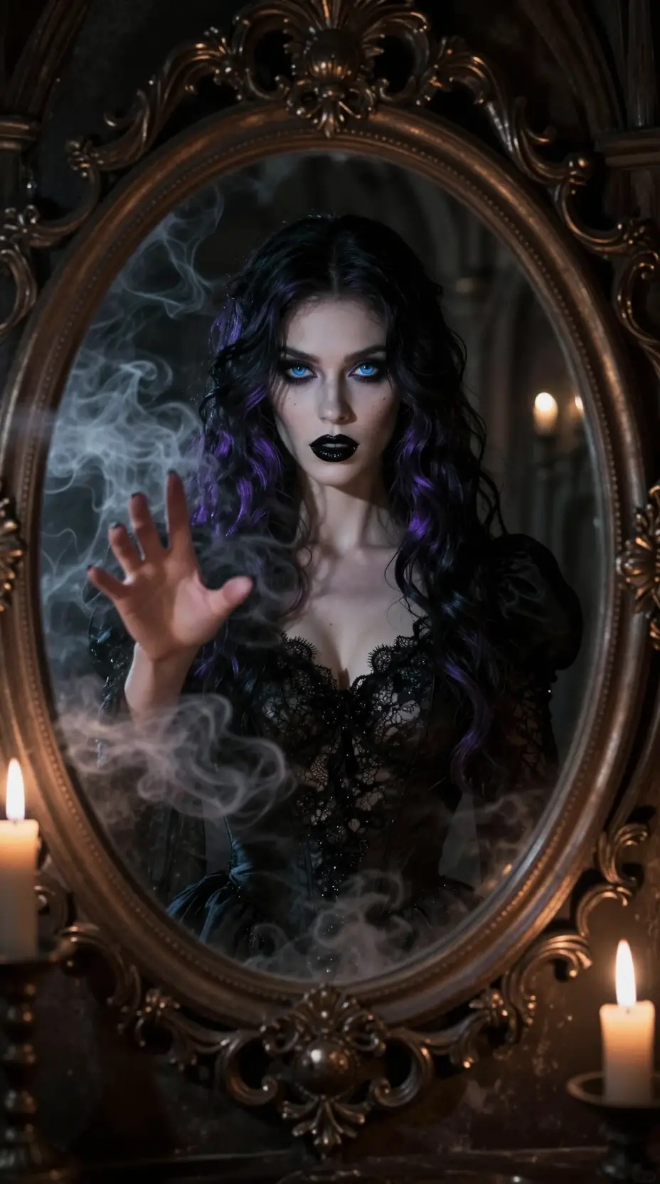 Mystic woman emerging from a smoky gothic mirror portal